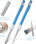 Compact blue handle glass repair file with carbide steel and diamond grit; retractable 5.42 inch design for precise smoothing on glassware.
