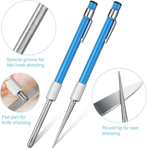 Compact blue handle glass repair file with carbide steel and diamond grit; retractable 5.42 inch design for precise smoothing on glassware.