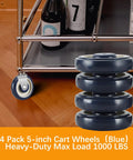 4 Pack 5 Inch Shopping Cart Replacement Wheels Kit With Axles And Bolts, Polyurethane Stepped And Full Tread Face, displayed next to a cart