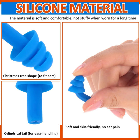 Close-up of blue silicone earplug with Christmas tree shape and cylindrical tail, highlighting soft material and design features