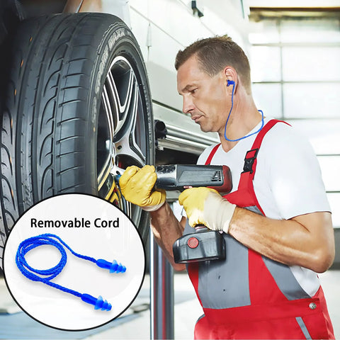 Mechanic using noise reduction earplugs for sleeping NRR 32 reusable soft silicone ear plugs with nylon cord during work