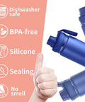 Thumbs up next to blue water bottles indicating dishwasher safe, BPA-free, silicone, sealing, no smell features.