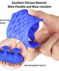 Close-up of blue upgraded weight lifting grips for men and women, shows thick non-slip silicone material with grooved design.