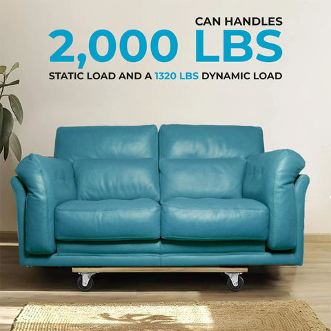 Blue sofa on 30 in. x 18 in. Hardwood Furniture Moving Dolly 1,320 lbs. Capacity – 4 Swivel Wheels, showing load capacity.