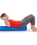 Woman using Pro Roller Soft Density EVA Foam Roller for Physical Therapy Pilates Yoga and Muscle Recovery 36 Inch Blue, back stretching