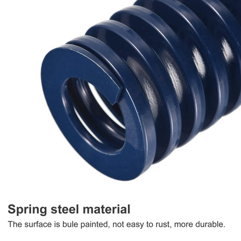 Close-up of blue light load steel die spring with 25mm outer diameter for 3D printers, emphasizing rust-resistant coating.