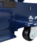 Close-up of Heavy Duty Two And A Half Ton Low Profile Hydraulic Trolley Floor Jack With Quick Lift Pump And Safety Bypass For Cars Trucks And SUVs Torin Durable Steel Construction Three And One Third Inch To Fifteen Inch Lift Blue Finish caster wheel.