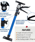 Adjustable Support Pole, 3rd Hand Support System, Steel Support Rod in blue with features and handles shown, extends 20-45 inches.