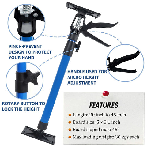 Adjustable Support Pole, 3rd Hand Support System, Steel Support Rod in blue with features and handles shown, extends 20-45 inches.