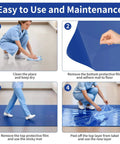 Steps to use Sticky Tacky Mat 24x47 Inches Blue Adhesive Floor Entry Mat for cleanrooms, showing application and removal process
