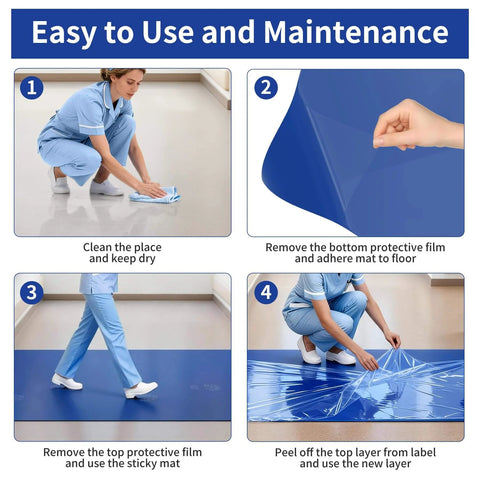 Steps to use Sticky Tacky Mat 24x47 Inches Blue Adhesive Floor Entry Mat for cleanrooms, showing application and removal process