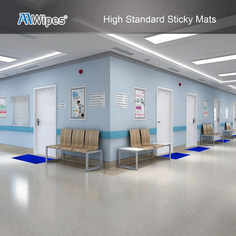 Sticky Mat Tacky Pad Adhesive 24 By 36 Inch Blue Cleanroom Floor Mat in hospital entrance hallway