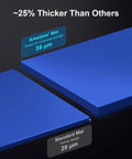 Comparison of blue sticky mat thickness showing 35μm vs 28μm, part of Sticky Mat Tacky Pad Adhesive 24 By 36 Inch Blue Cleanroom Floor Mat