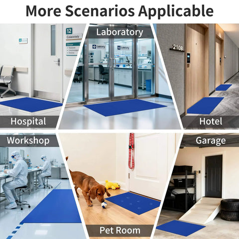 Various applications of Blue Sticky Tacky Mat 24x36 Inches With 150 Sheets in hospital, lab, hotel, workshop, pet room, and garage entryways.