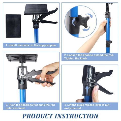 Instructional steps for using the Adjustable Support Pole, 3rd Hand Support System, Steel Support Rod for Cabinet Jacks Cargo Bars Drywall Support