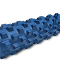 Blue textured foam roller for deep tissue massage and self myofascial release, 22-inch mid size roller with firm flexible bumps.