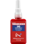 Blue Thread Locker 243 Medium Strength Removable Adhesive For Nuts Bolts And Fasteners in red bottle, 50 ml size, front view