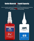 Blue Thread Locker 243 Medium Strength Removable Adhesive bottle with LDPE material and liquid capacity details.