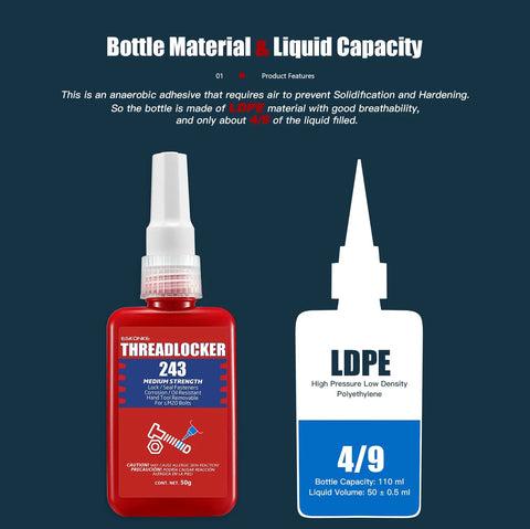 Blue Thread Locker 243 Medium Strength Removable Adhesive bottle with LDPE material and liquid capacity details.