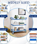 Heavy Duty Kitchen Cart With Wheels For Restaurant And Office, Three Tier Rolling Service Cart That Hauls Up To 600 Lbs, Lockable Wheels shown with multiple uses in kitchen, books, food, and tools.