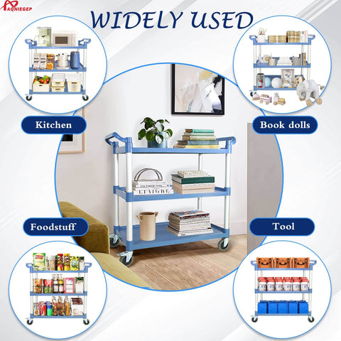 Heavy Duty Kitchen Cart With Wheels For Restaurant And Office, Three Tier Rolling Service Cart That Hauls Up To 600 Lbs, Lockable Wheels shown with multiple uses in kitchen, books, food, and tools.