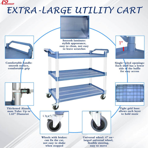 Heavy Duty Kitchen Cart With Wheels For Restaurant And Office, Three Tier Rolling Service Cart That Hauls Up To 600 Lbs, Lockable Wheels, Large 19 Inch Deep, 40 Inch Wide, 41 Inch High Durable Steel Utility Cart with features highlighted in close-up.