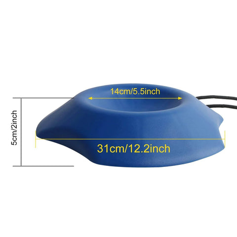Side view of Visible Blue Trailer Wheel Dock Chock Stabilizer for Tongue Jacks showing dimensions and rope handle