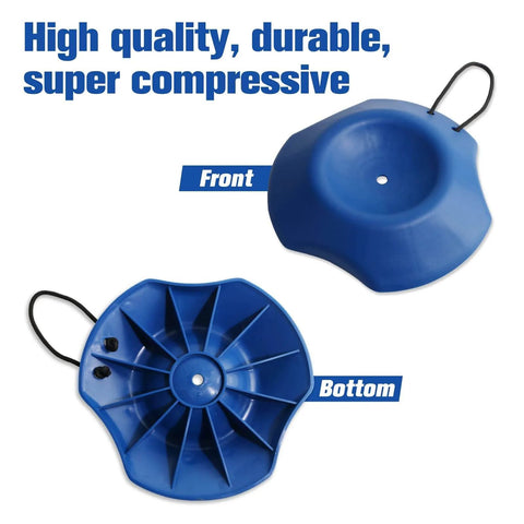 Visible Blue Trailer Wheel Dock Chock Stabilizer For Tongue Jacks, Top and Bottom View with Rope Handle