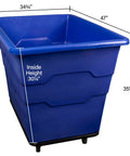 Heavy Duty Commercial Utility Cart Workhorse With 16 Bushel Capacity And 1000 Pound Load Capacity Steel Base And Poly Box Basket On Rolling Wheels For Offices Warehouses Restaurants And More Blue ReadySpace, blue poly tub with dimensions visible.