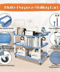 Multi-purpose rolling cart with three shelves, blue frame, non-slip handle, lockable wheels, for kitchen, office, warehouse use.