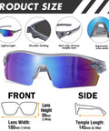 Diagram of 6 Pack ANSI Z87.1 UV Safety Glasses for Men and Women, Impact Resistant, Blue, showing dimensions and features, front and side views.