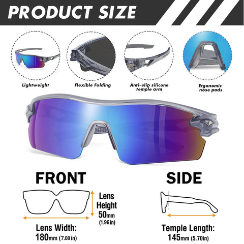 Diagram of 6 Pack ANSI Z87.1 UV Safety Glasses for Men and Women, Impact Resistant, Blue, showing dimensions and features, front and side views.