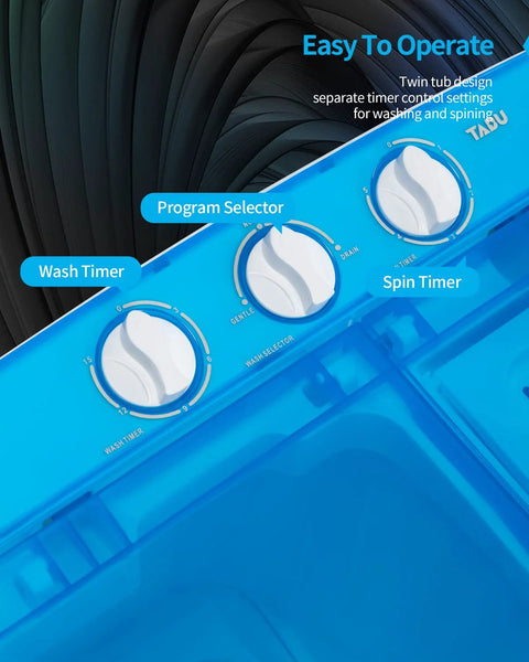 Control panel of Compact Portable Twin Tub Washing Machine And Dryer 16.5 Lb Capacity Wash And Spin In One Go, white and blue.
