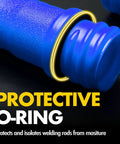 Close-up of blue Heavy Duty 4 Pack Welding Rod Storage Canisters showcasing O-ring seal for moisture protection