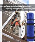 Blue 14 Inch Welding Rod Storage Tube Holder Canister For SMAW Electrodes shown with label areas and strap