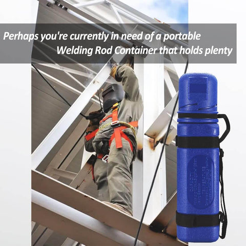 Blue 14 Inch Welding Rod Storage Tube Holder Canister For SMAW Electrodes shown with label areas and strap