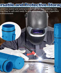 Welder using Two Pack 14 Inch Welding Rod Storage Tubes Set For Easy Organization By Zonon, featuring blue airproof canisters