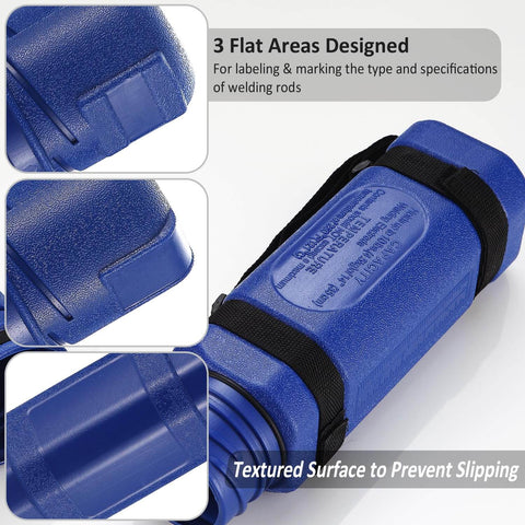 Blue 14 Inch Welding Rod Storage Tube Holder Canister For SMAW Electrodes, 10 Lb Capacity, shown with label areas and strap