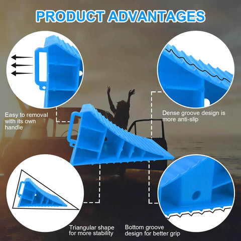 Heavy Duty Wheel Chocks For RV Trailer And Camper 4 Pack Non Slip With Handle Blue Polypropylene Wheel Stoppers For Cars Trucks And Campers LEIDGG Pro, with product advantages details displayed.