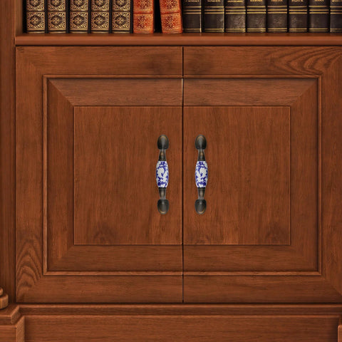 Blue White Porcelain Ceramic Cabinet Handles 4.96 Inch T Bar Pulls on wooden cabinet doors with screws 76mm center to center