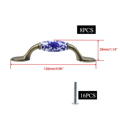 Blue And White Porcelain Pattern Ceramic Cabinet Pulls Set Of Eight With Bronze Finish Screws Included 3 Inch Center