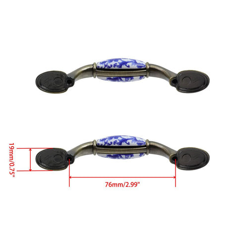 Blue And White Porcelain Pattern Ceramic Cabinet Pulls Set Of Eight with bronze finish screws, shown with 3 inch center hole dimensions