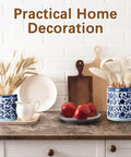 2 Pcs Blue and White Kitchen Utensil Holder 5"+6.1" Ceramic Kitchen Cooking Holder on countertop with utensils and home decor