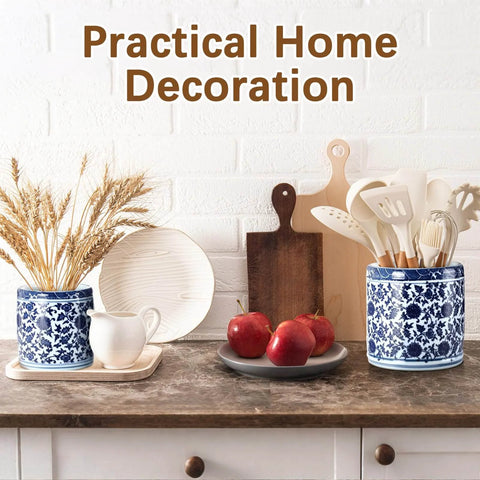 2 Pcs Blue and White Kitchen Utensil Holder 5"+6.1" Ceramic Kitchen Cooking Holder on countertop with utensils and home decor
