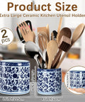 2 Pcs Blue and White Kitchen Utensil Holder 5"+6.1" Ceramic Kitchen Cooking Holder with utensils, Chinoiserie design, kitchen counter.