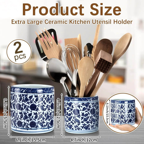 2 Pcs Blue and White Kitchen Utensil Holder 5"+6.1" Ceramic Kitchen Cooking Holder with utensils, Chinoiserie design, kitchen counter.