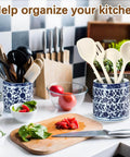 2 Pcs Blue and White Kitchen Utensil Holder 5"+6.1" Ceramic Kitchen Cooking Holder displayed on a countertop with kitchen utensils