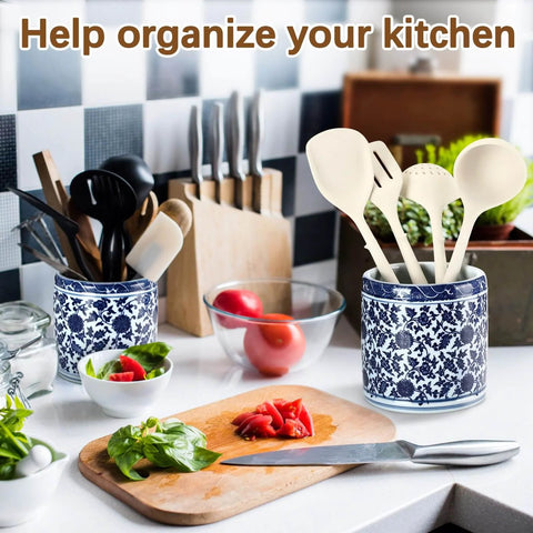 2 Pcs Blue and White Kitchen Utensil Holder 5"+6.1" Ceramic Kitchen Cooking Holder displayed on a countertop with kitchen utensils