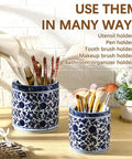 2 Pcs Blue and White Kitchen Utensil Holder 5"+6.1" Ceramic Kitchen Cooking Holder with various items on countertop display