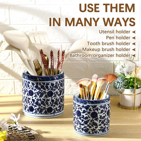 2 Pcs Blue and White Kitchen Utensil Holder 5"+6.1" Ceramic Kitchen Cooking Holder with various items on countertop display